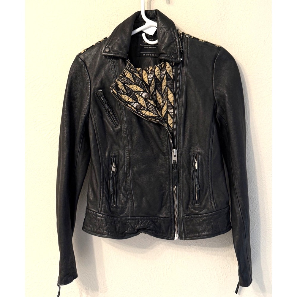 AllSaints Black Leather Biker Moto Jacket Chiri size 2 zip contrast wool textile
